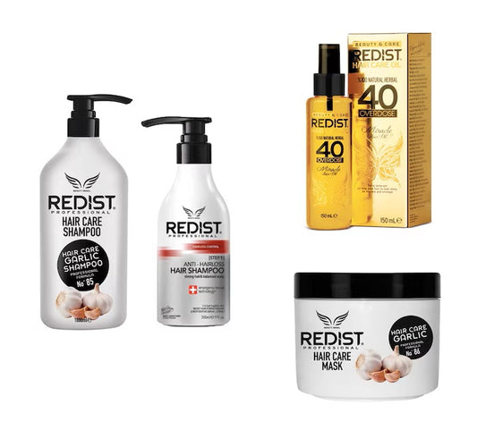 Pachet Redist Anti-Cădere a Părului, Creștere și Regenerare - Șampon Usturoi 1L, Șampon Anti-Cădere Redist 500 ml, Mască Usturoi 475 ml + Ulei Tratament cu 40 de Uleiuri Naturale