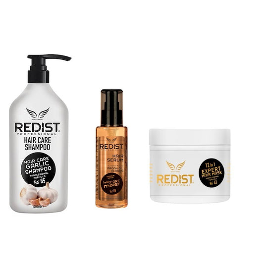 Pachet REDIST Expert – Șampon Usturoi 1000ml + Ser Argan & Keratină 125ml + Mască 12 în 1 Expert 500ml
