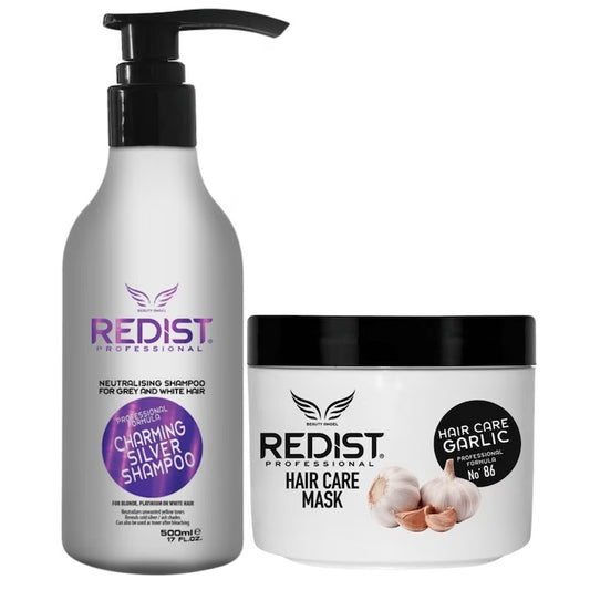 Set Profesional Redist, Sampon Nuantator Silver Pentru Par Blond 500 ml, Masca Anti-Caderea Si Cresterea Parului Cu Extract De Usturoi 475 ml